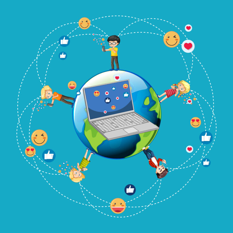 children with social media elements on white background